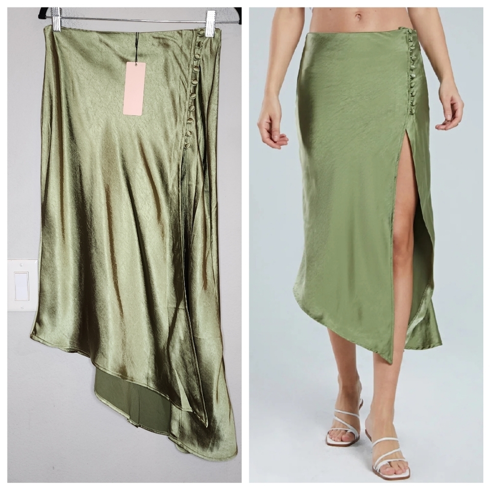 NWT Micas Green Satin Asymmetrical Hem Button Slit Midi Skirt Size Medium
